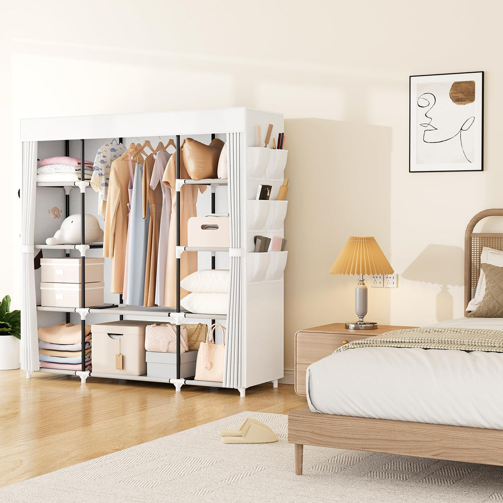 Portable Closet Wardrobe for Hanging Clothes 57.3 Inch Large Capacity Clothes Rack with Cover, 10 Storage Organizer