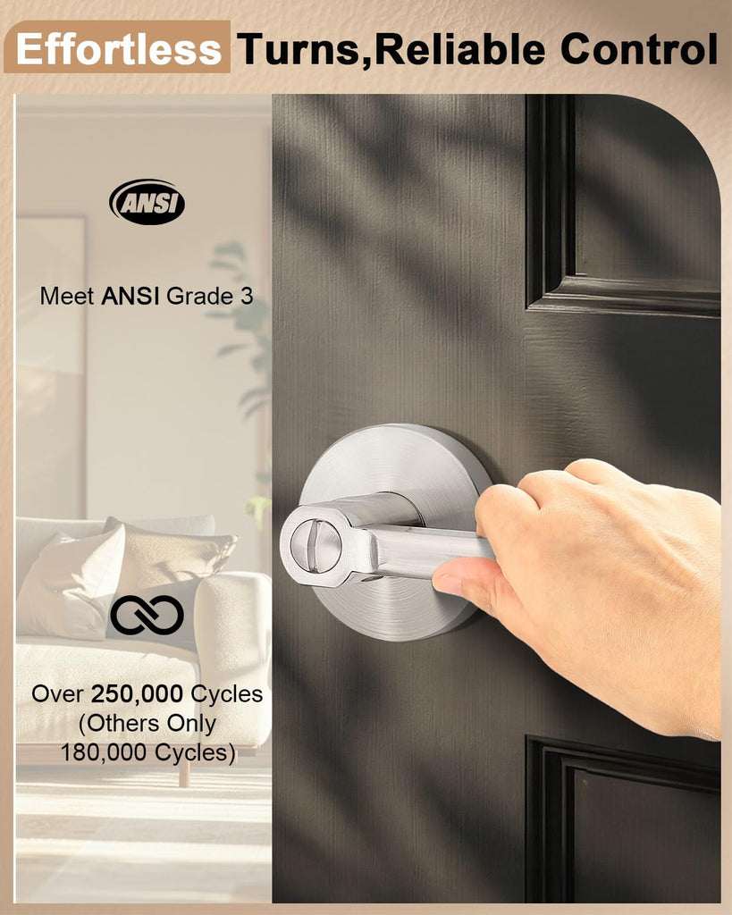 Satin Nickel Privacy Door Levers, Flat Interior Bath/Bed Door Handles, Reversible for Right & Left Handed
