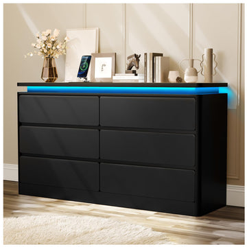 Upgraded 6 Drawer Black Dresser, 47.24" Long Chest of Drawers with Charging Station & LED Lights, Wooden Storage