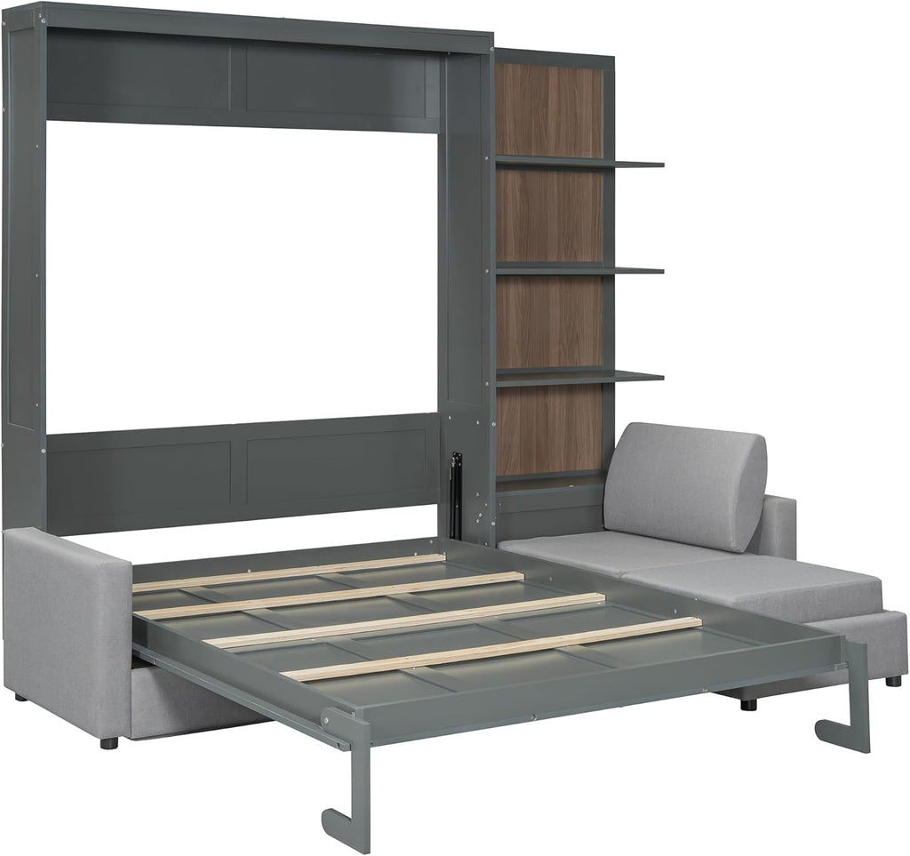 Queen Murphy Bed with Sofa and Shelves, Gray | Space-saving sleeping solution with integrated seating and display
