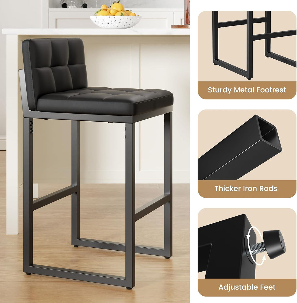 24" Bar Stools Set of 2, Modern Faux Leather Counter Height Bar Stools with Low Back and Footrest, Sturdy Thickened