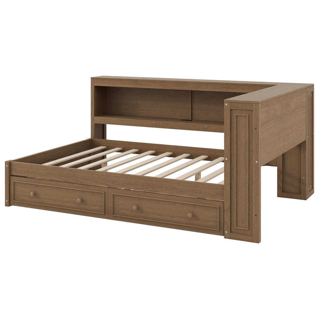 Full Size Daybed with Storage Drawers and Shelves, Antique Wood