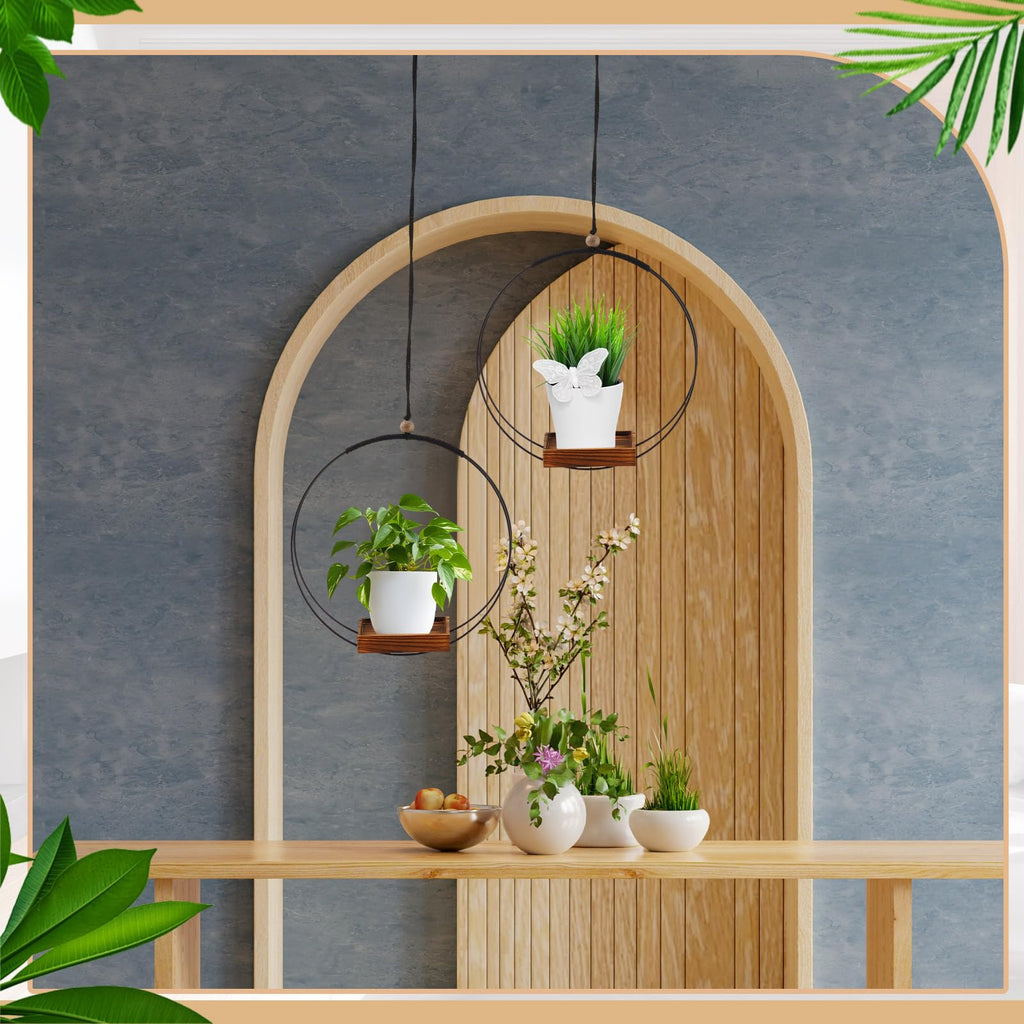 4 Pcs Hanging Plant Holder with Wood Base Window Planter Boho, Brown