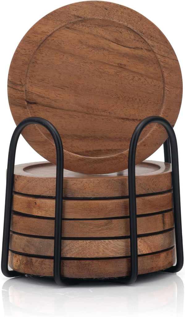 Acacia Wood Round Coasters with Holder - Absorbent Drink Coasters for Coffee & Dining Tables, Farmhouse Home - Set of 6