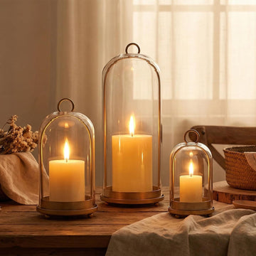 15"&9"&7" Hurricane Glass Candle Holders Set of 3, Metal Candle Holder with Handmade Glass Dome in Brass, Hanging