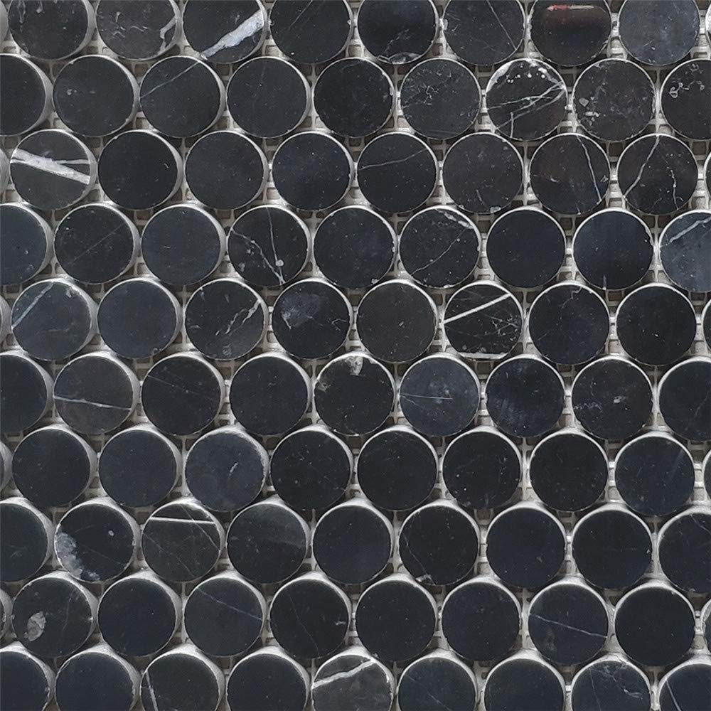 Nero Marquina Black Marble 3/4 inch Penny Round Mosaic Tile Honed Kitchen Bath Wall Floor Backsplash Shower (1 Sheet)