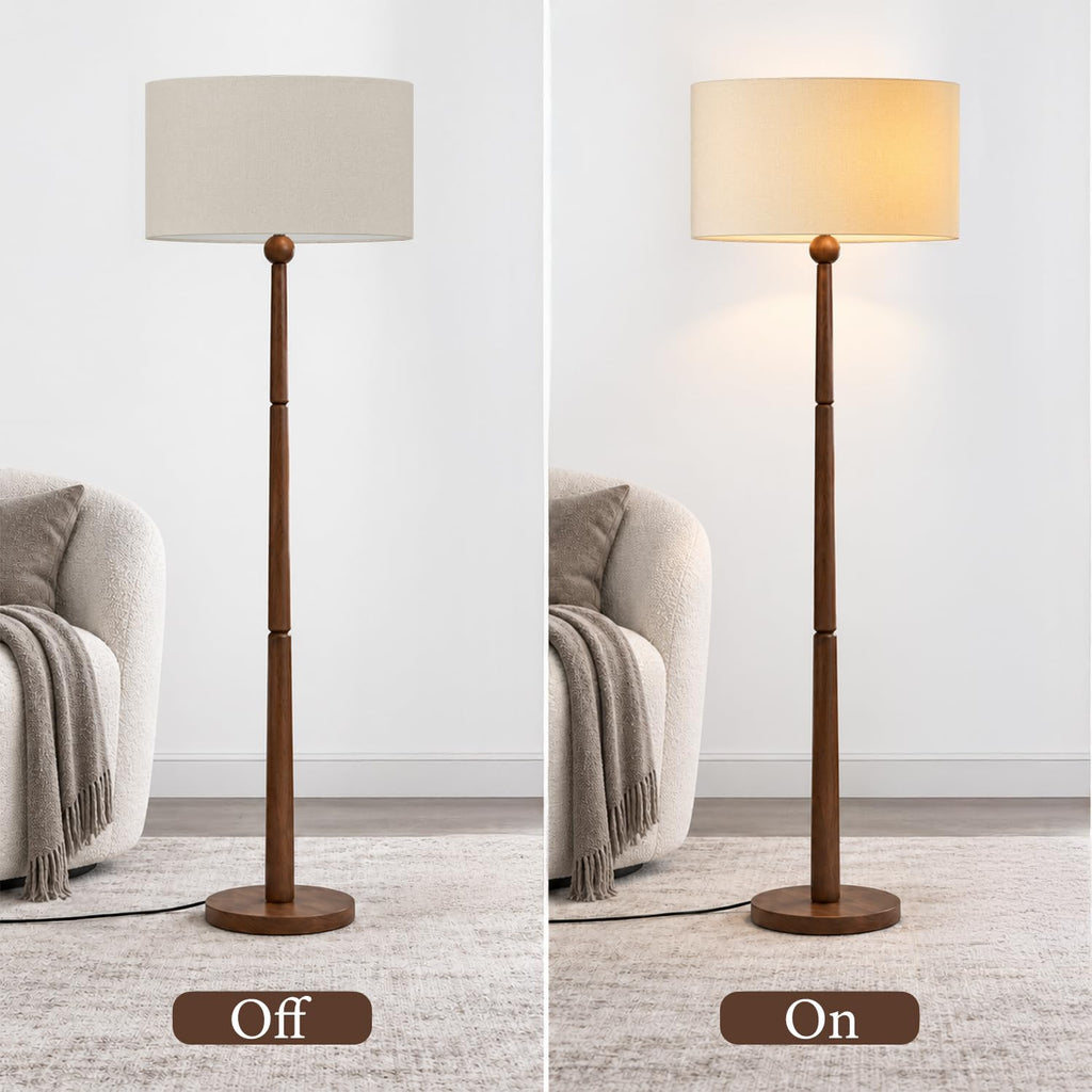 65 Inch Single Ball Walnut Wood Floor Lamp with Linen Shade, Beige