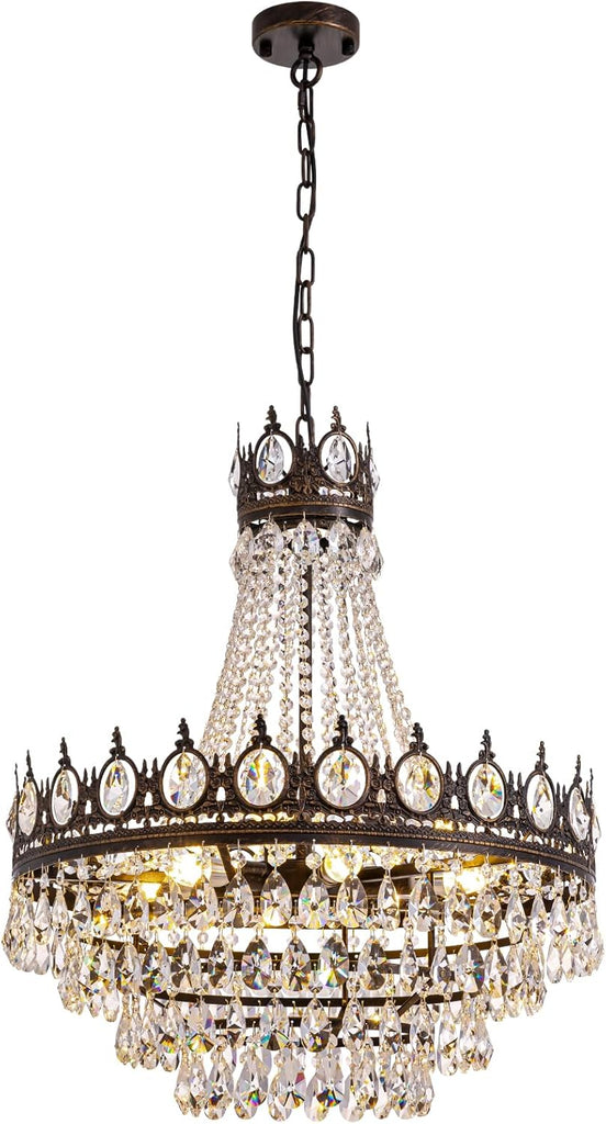 Large Crystal Chandeliers, Vintage French Empire Chandelier, Antique Bronze Crystal Pendant Light, Rustic Farmhouse Ceiling Light for Dining Room Bedroom Living Room Kitchen Foyer, W 24" A108-B0DL5NVW4P