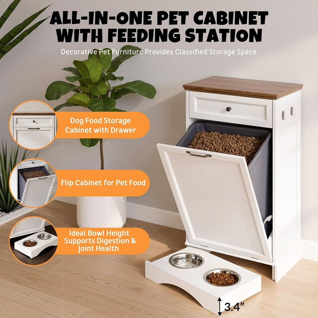 Tilt Out Trash Can Cabinet with Dog Bowl, 10 Gallons Dog Feeding Station with Storage Cabinet, Pet Food Cabinet