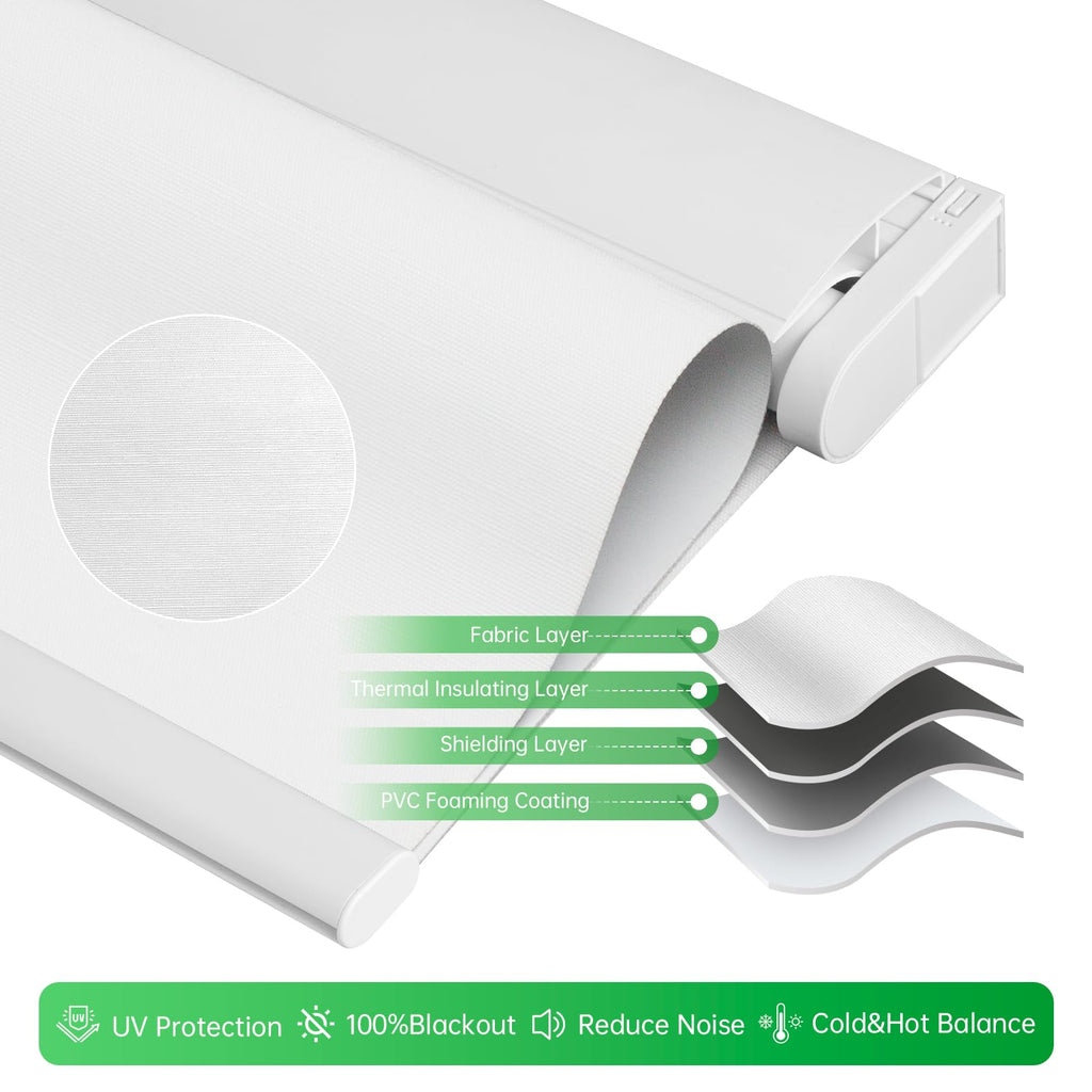 Motorized Blinds with Remote, No Drill Cordless Roller Shades, 100% Blackout Smart Blinds, White