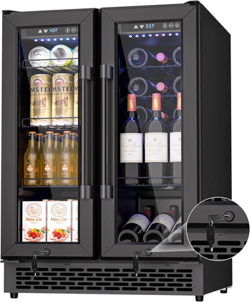 French Door Beverage Refrigerator, 24 Inch Dual Zone Built-in Fridge with Glass 