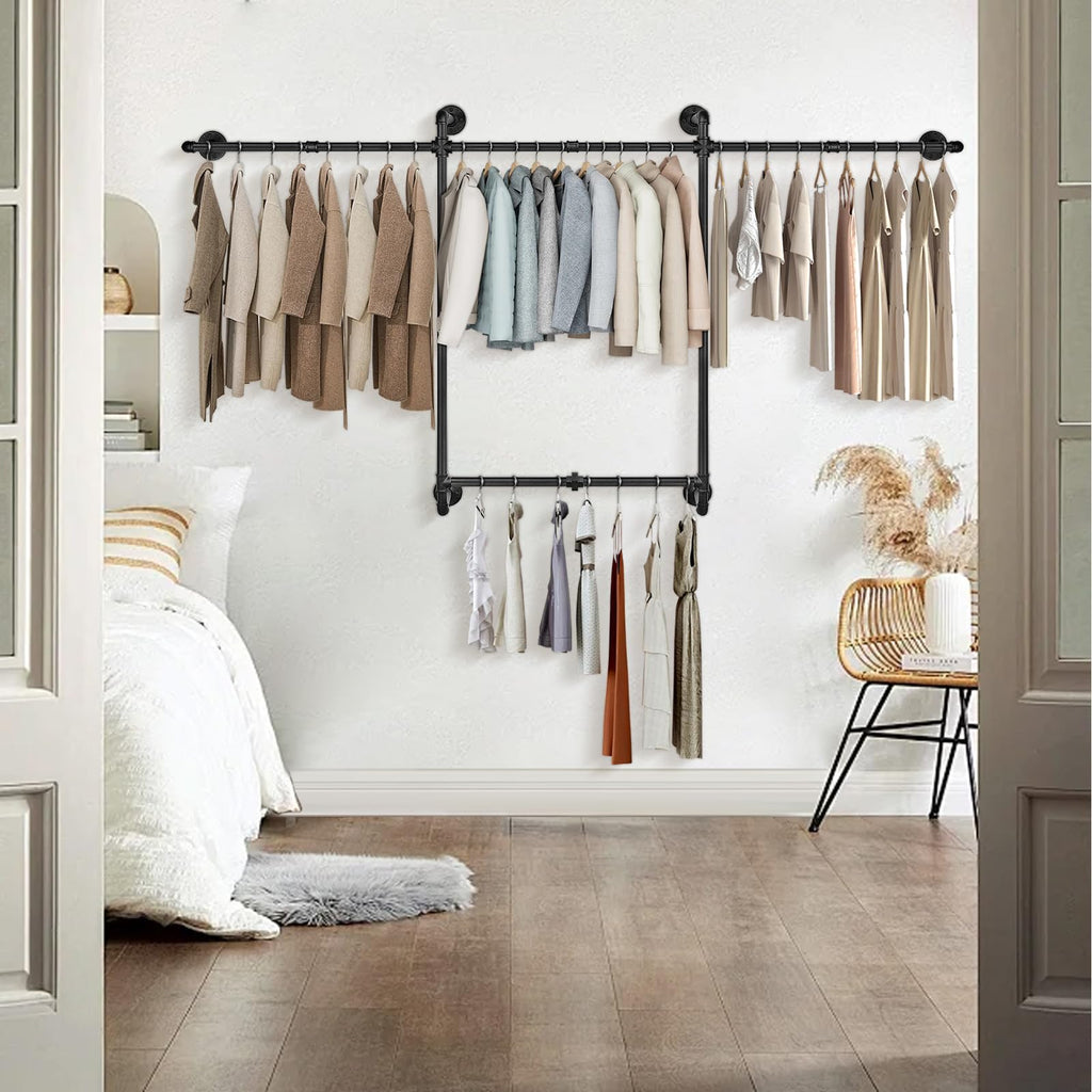 Industrial Pipe Clothes Rack, Heavy Duty Detachable Iron Garment Rack Wall Mounted, Rustic Saving Space Clothes Bar
