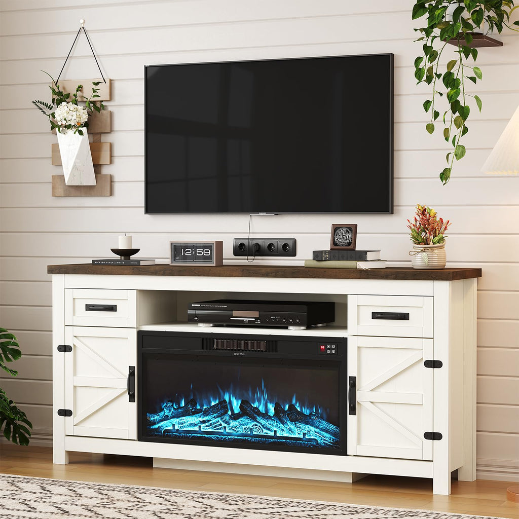 Farmhouse Fireplace TV Stand with Barn Door, 70 inch, White