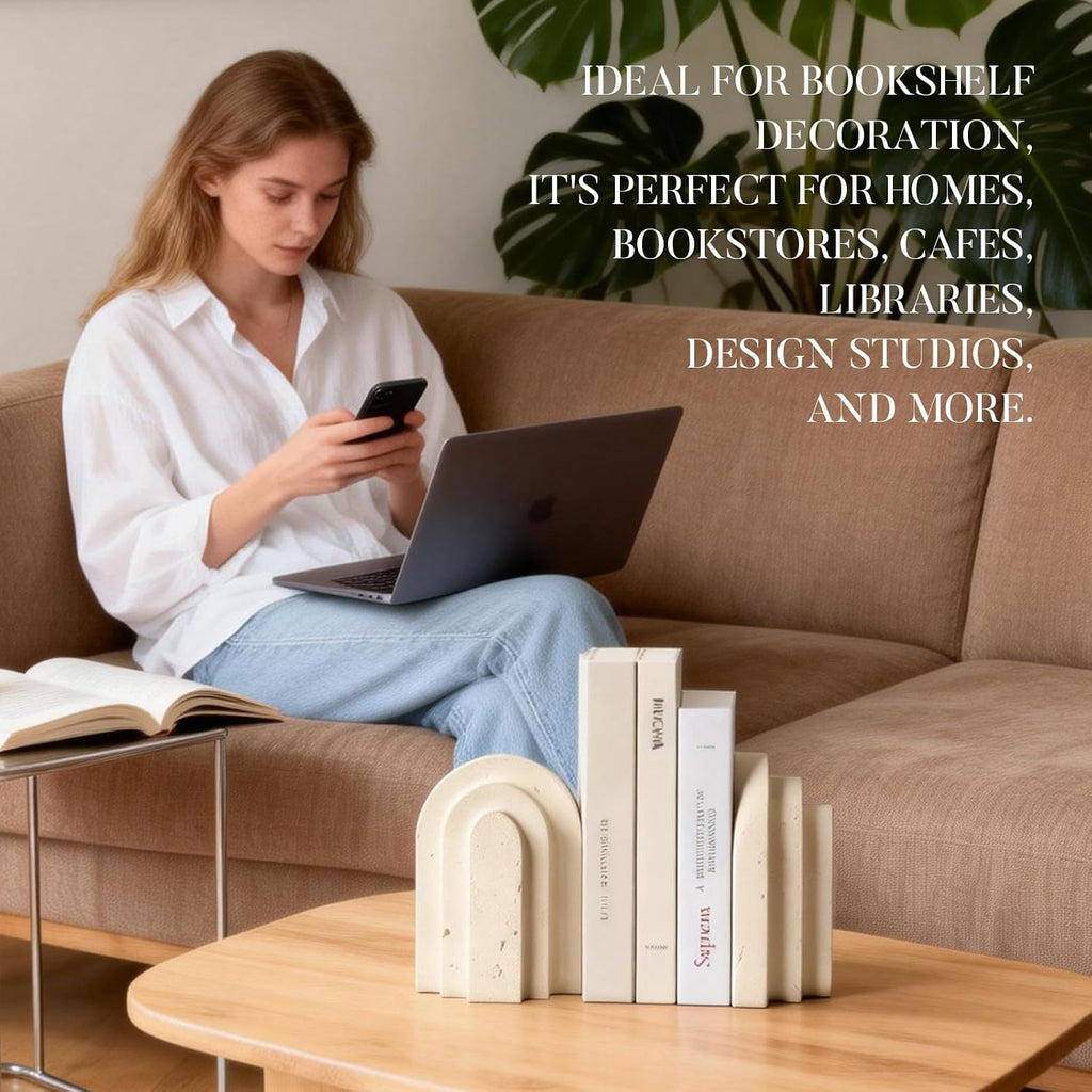 Ends for Heavy Books, Beige Modern Pleasing Layered Arch Design | Aesthetic Bookend Decorative, Concrete Book Ends to