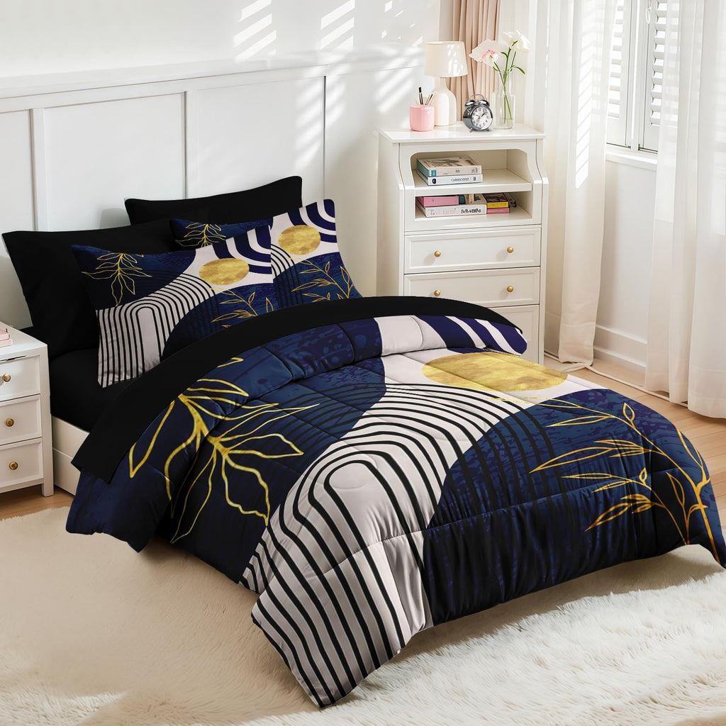 King Comforter Set with Sheets, 7 Pieces Abstract Boho Bedding