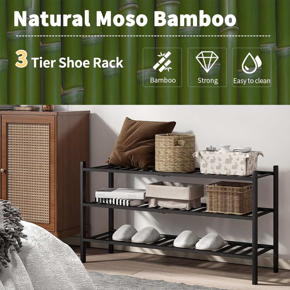 Long Shoe Rack, Bamboo Stackable Shoe Shelf Storage Organizer, Shoe Stand for Closet, Entryway and Hallway (Black
