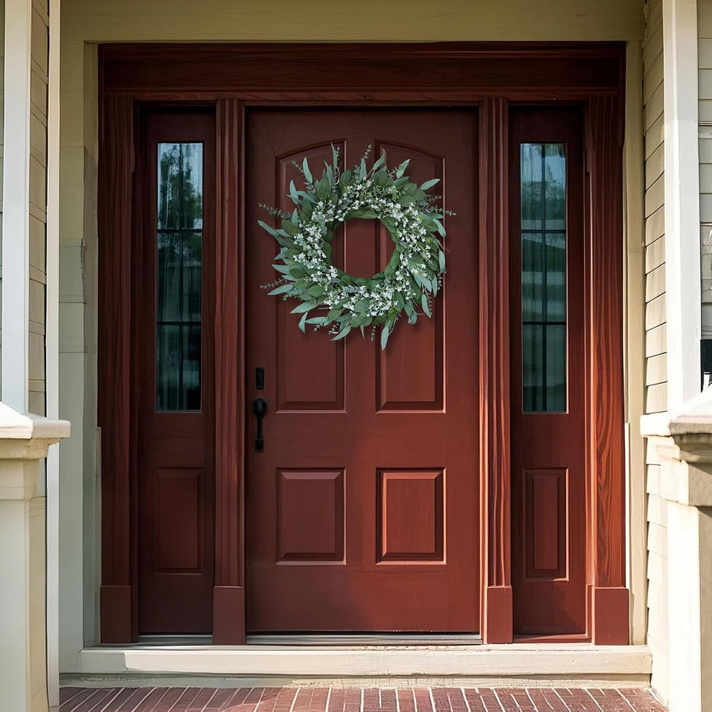 26" Large Artificial Eucalyptus & Flower Wreath for Front Door(Green-White)