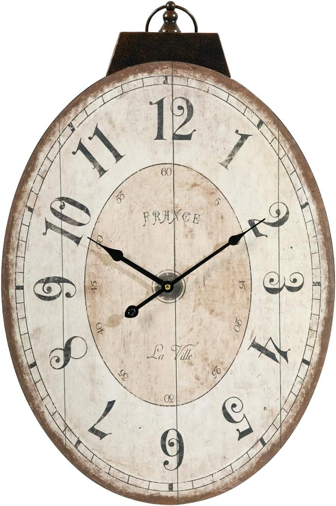 MODE HOME Large French Country Oval Wall Clock for Living Room Decor, Rustic Farmhouse Wall Clock Decorative
