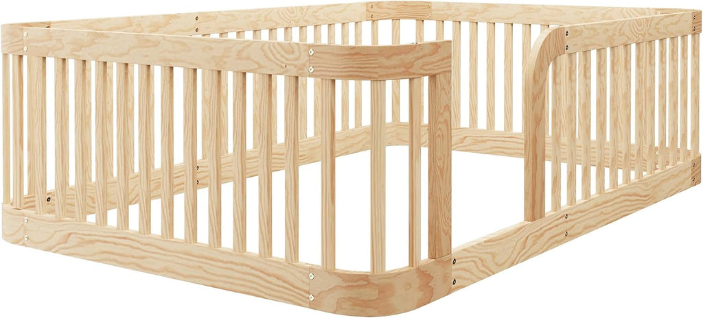Full Size Montessori Floor Bed with 24" High Fence & Rounded Corners Design, Sturdy Wood Montessori Bed Frame, No