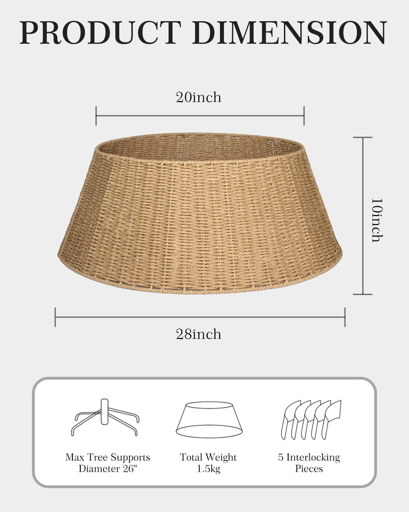 Rustic Farmhouse Christmas Tree Collar - Holiday Decorations - Natural Woven Wicker Tree Base Cover, Basket Ring for