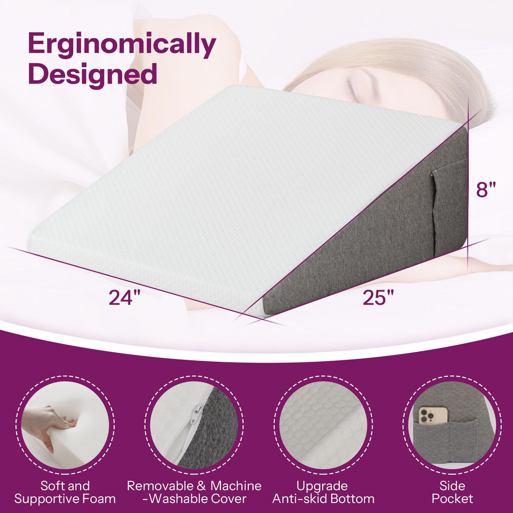 Wedge Pillow with Foam Top for Sleeping, Reading and Rest, 8 Inch Elevated Support Triangle Bed Pillow for Legs and