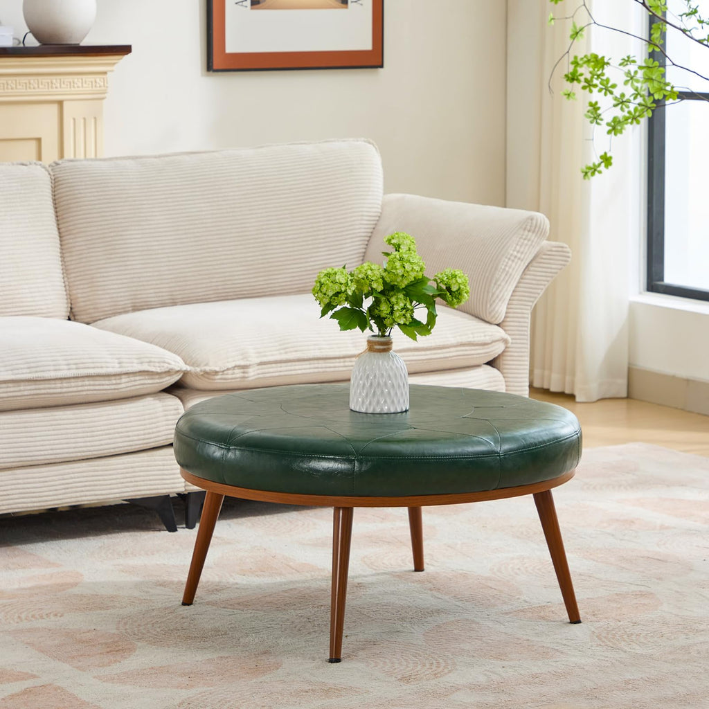 Round Ottoman, Large Faux Leather Footstool and Coffee Table, Cushioned Backless Chair, Padded Seat Footrest, (Green)