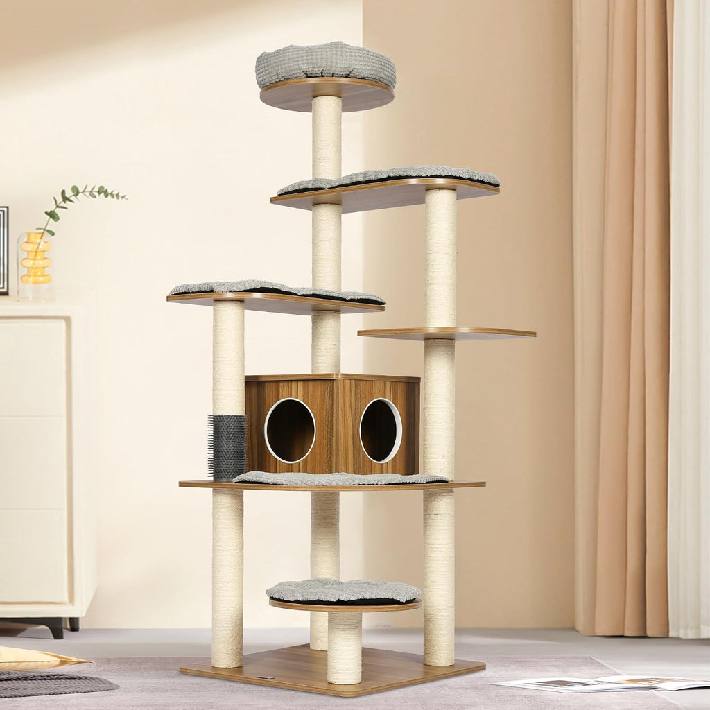 Solid Wood Cat Tree, 69" Large Tall Cat Tower Multi-Level Platforms with Sisal Scratching Posts, Cat Tree for Large