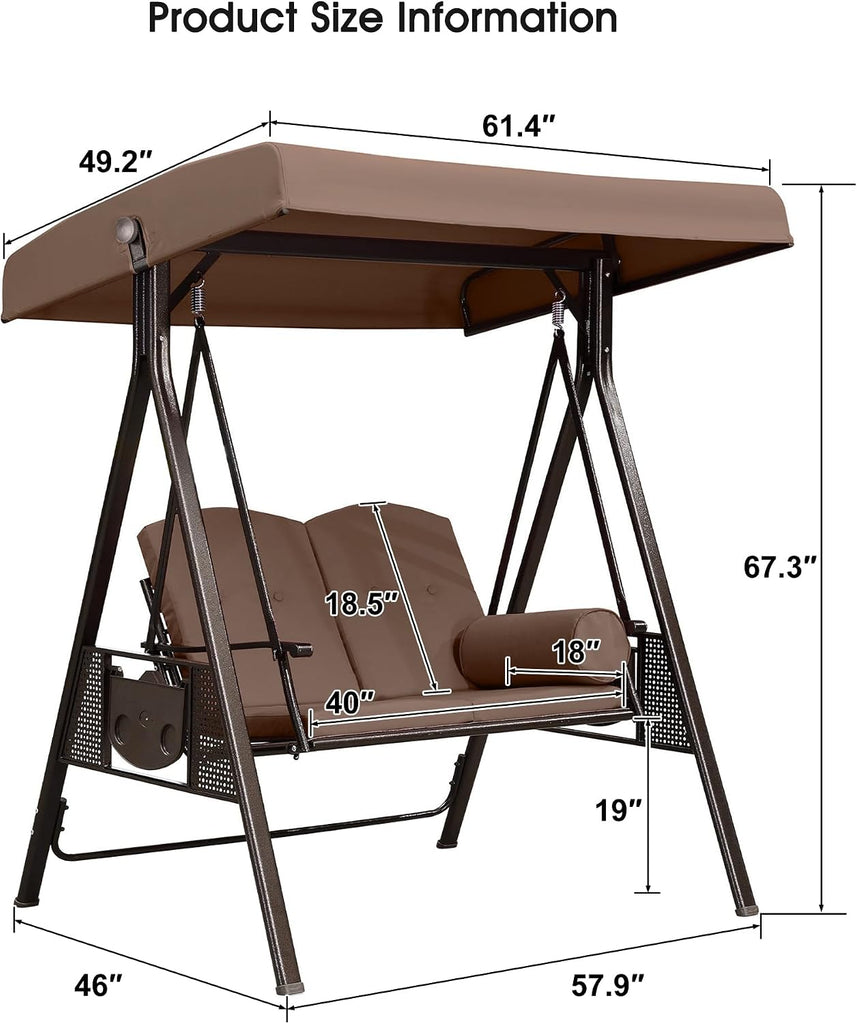 Patio Swing 2-Seat with Canopy and Stand Aluminum, Beige | Thick Cushions with Removable Covers, Integrated Cup