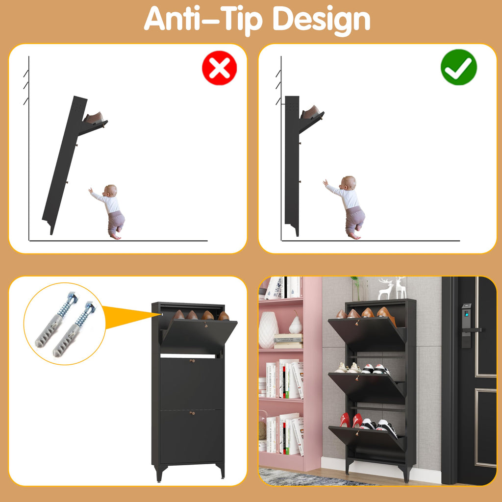 Shoe Cabinet with 3 Flip Drawers, Narrow Shoe Storage Cabinet, Farmhouse Shoe Organizer, Freestanding Organizer with