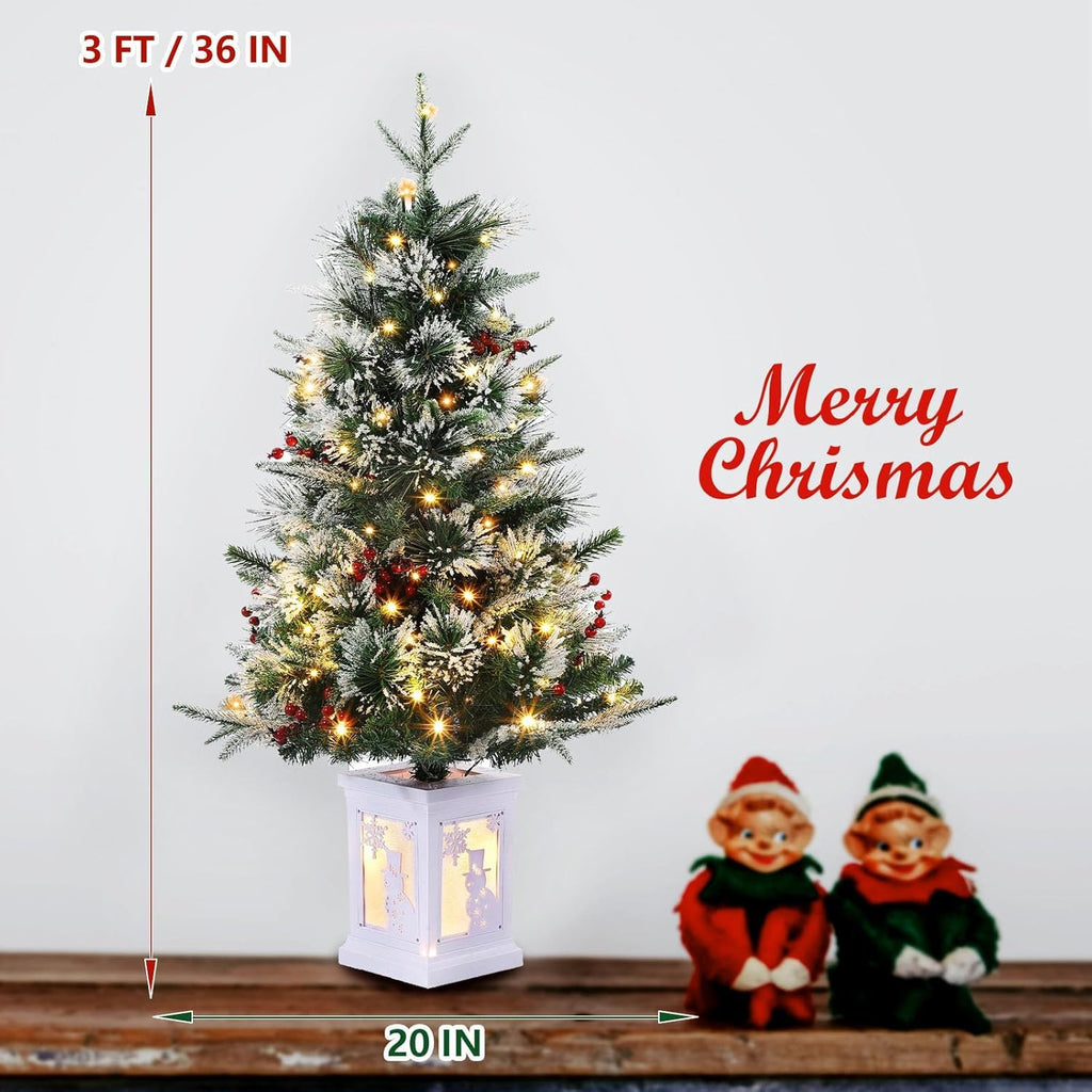 3ft Pre-Lit Holiday Christmas Tree, Artificial Christmas Tree with Timer Function and Led Lights, Snowman and Red