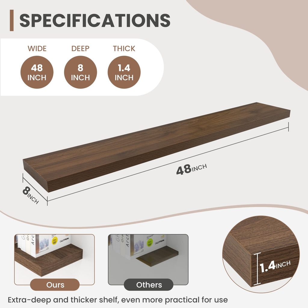 48 Inch Floating Shelves, 8 Inch Deep Floating Shelves for Wall, Hanging Shelf with Invisible Brackets, Deep Shelves