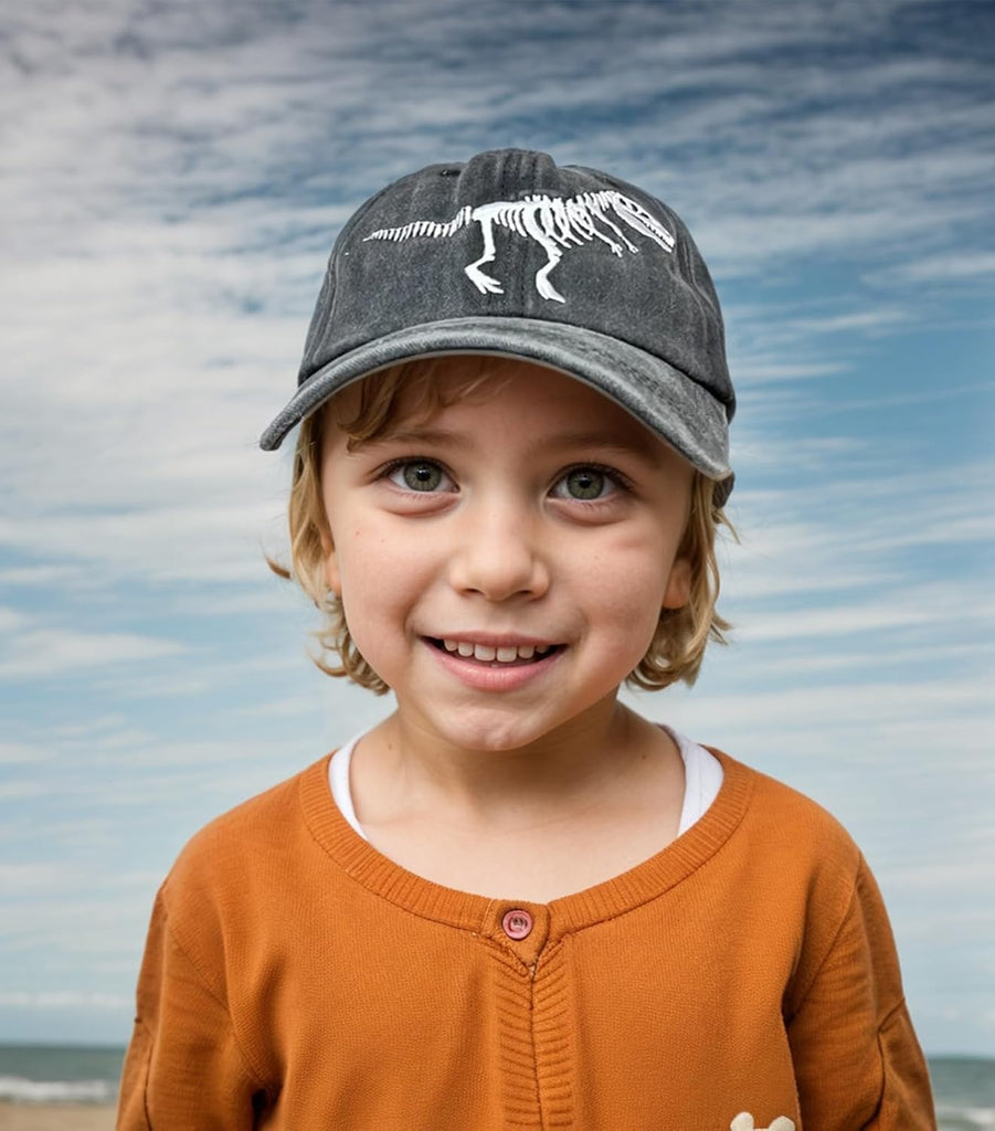 Boys' Skull Dinosaur Hat, Embroidered Dino Washed Adjustable Baseball Cap for Kids