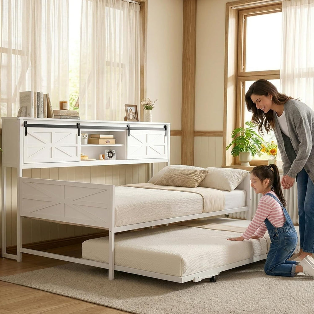 Farmhouse Twin Daybed with Pop-Up Trundle, White | Metal Trundle Bed Frame with Bookcase Headboard, Twin to King