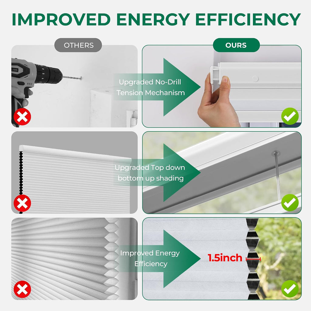 No Drill Top Down Bottom Up Cellular Shades,White, | TDBU Blackout Blinds for Indoor Windows,Cordless Honeycomb