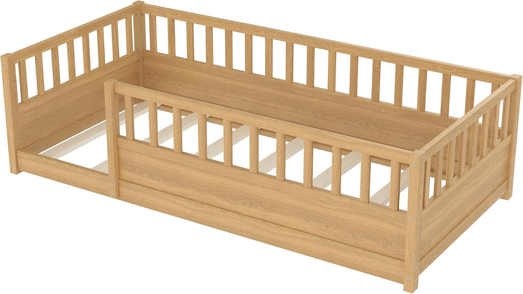Twin Size Floor Bed with Slats and Fence