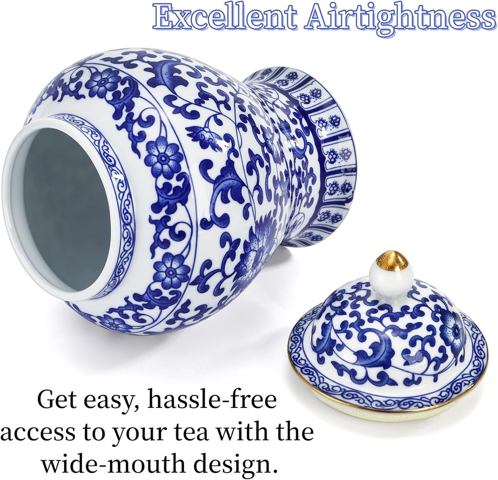 Blue and White Ginger Jar with Lid, 7.2 Inch Chinoiserie Porcelain Ginger Jars Airtight, Decorative Ceramic Tea Candy