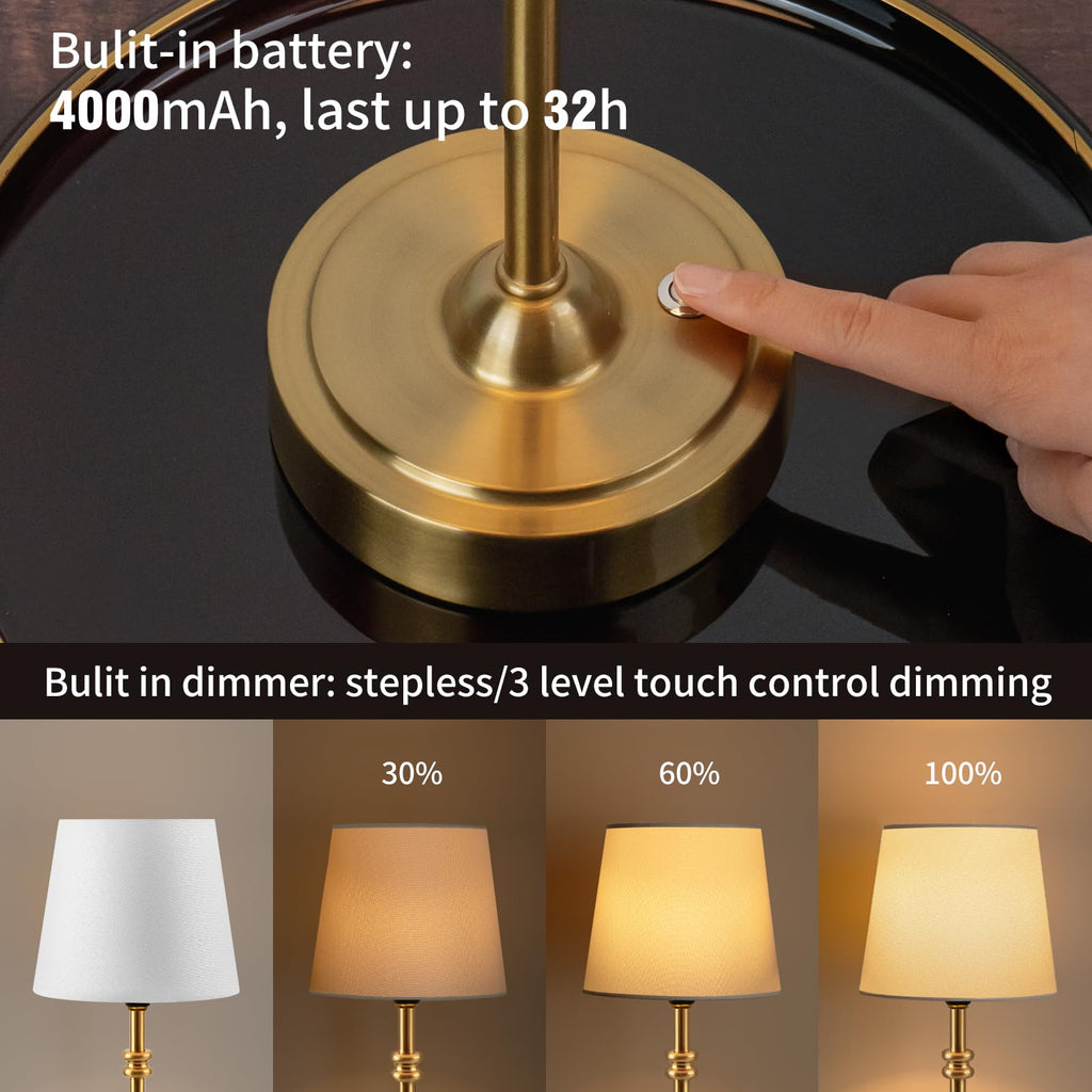 Small Cordless Lamp Dimmable-Battery Operated Table lamp, 4000mAh Rechargeable, Touch Bedside Lamp with White Fabric