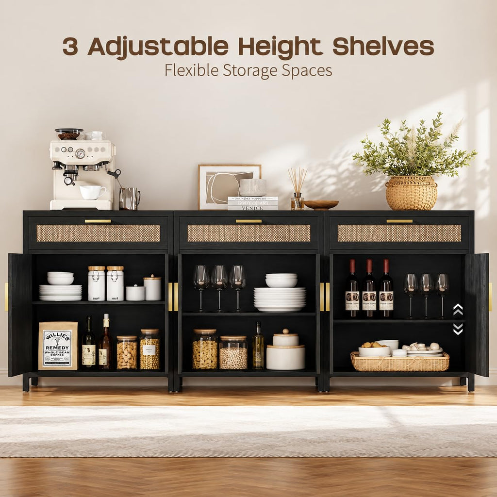 Rattan Buffet Cabinet with Storage Set of 3, Sideboard Cabinet with Doors and Shelves, Accent Coffee Bar with