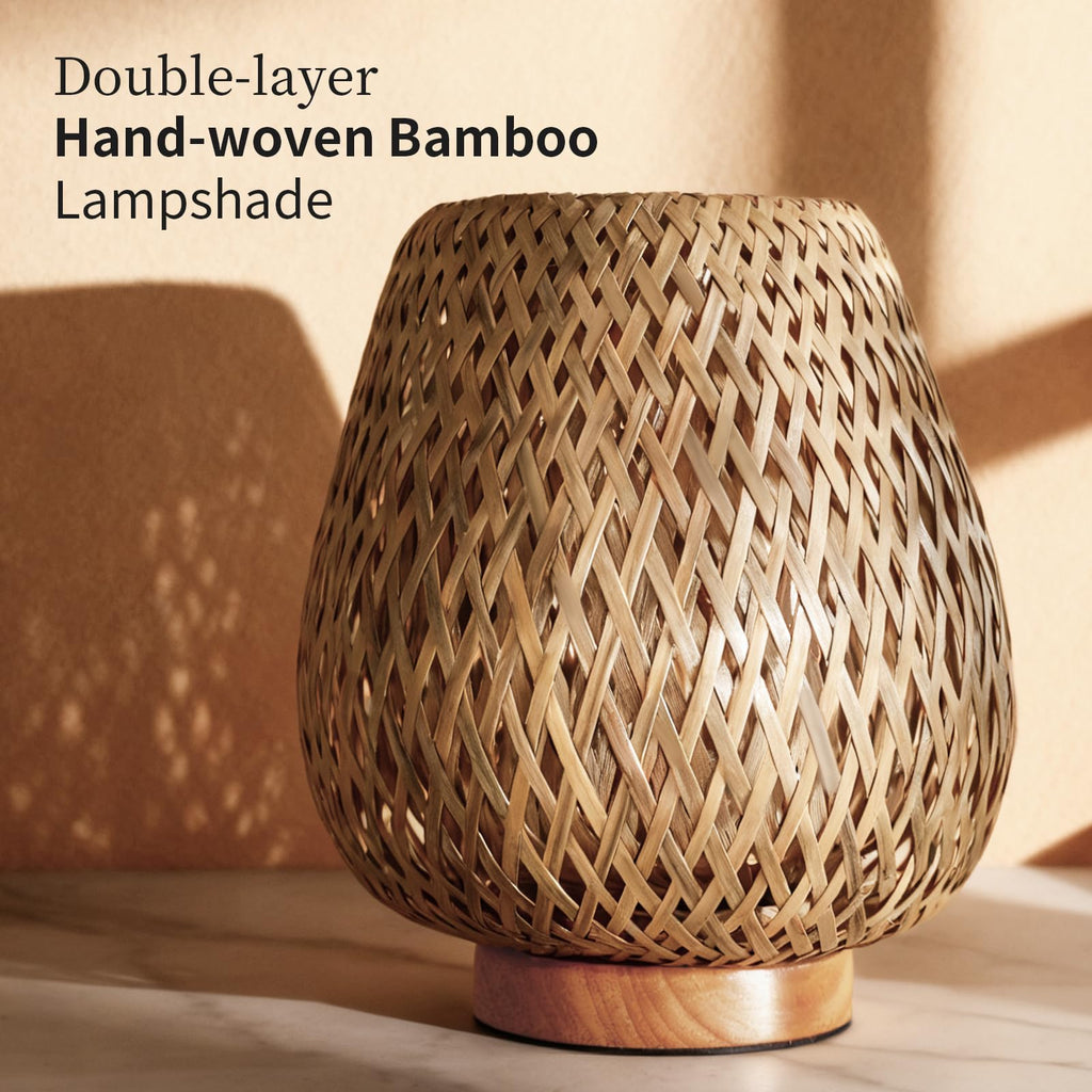 Boho Rattan Small Table Lamp with Double Layer Bamboo Woven Shade