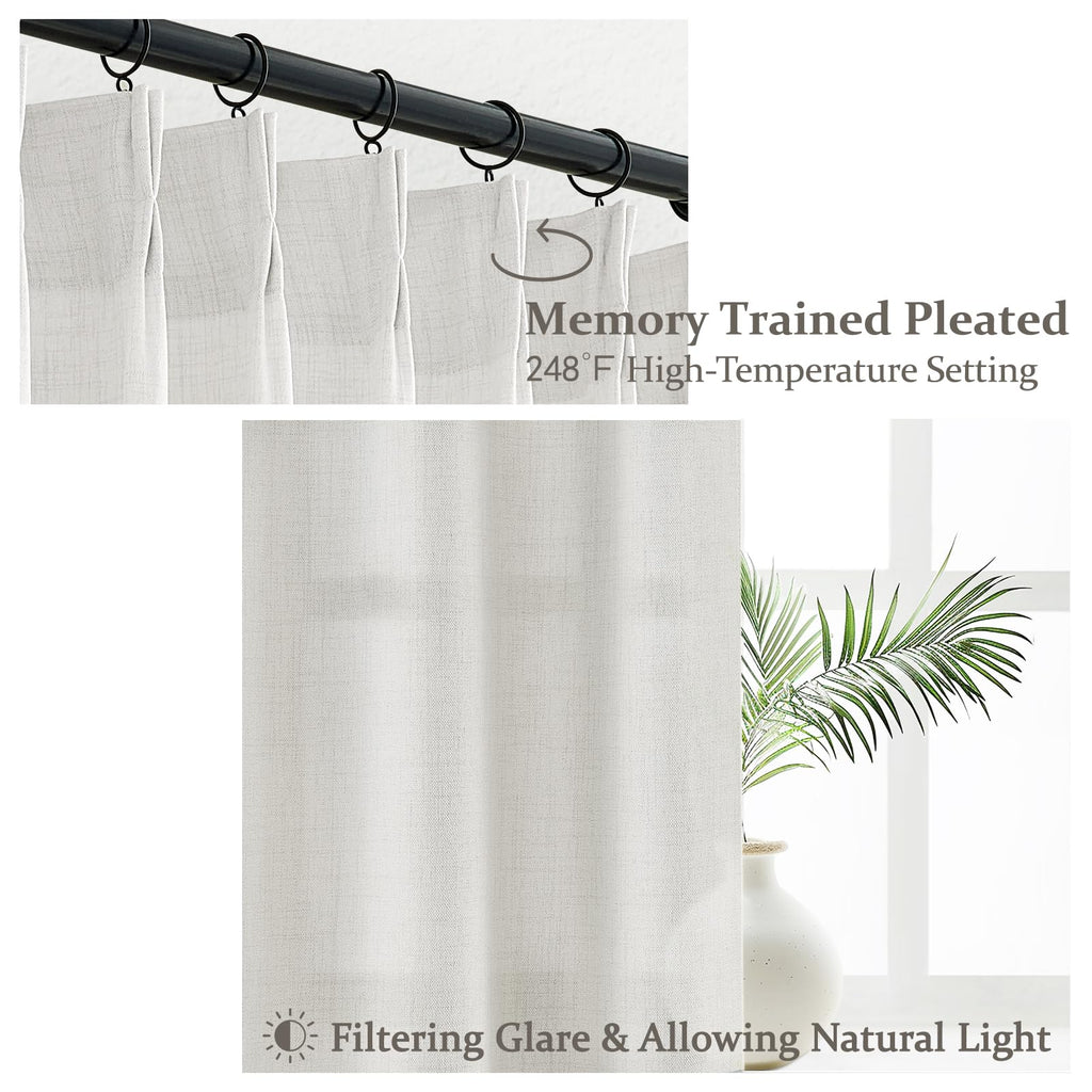 Memory Trained Pinch Pleat 60 Inch Wide Room Divider Curtains 102 Inches Long, Off White Light Filtering Linen Semi