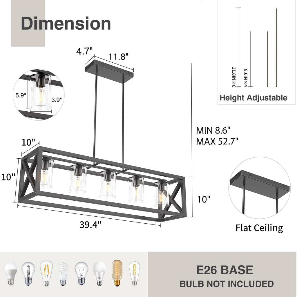 Farmhouse Dining Room Light Fixture - 5 Light Matte Black Rectangle Light Fixture with Adjustable Height & Thickened
