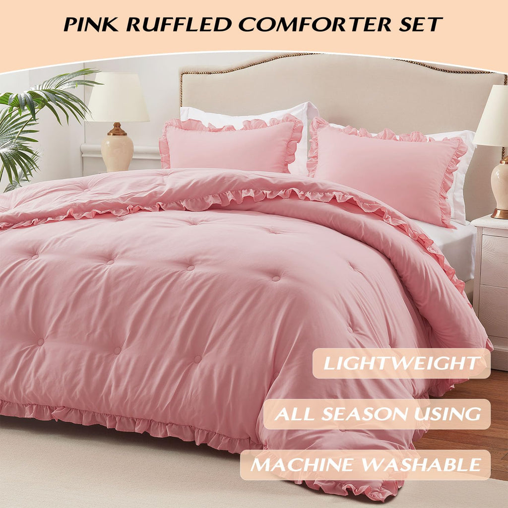 Lightweight 3 Pieces- Ruffle Bed Set Vintage Farmhouse Soft Comforter Set with 2 Pillow Shams(, 106x92 inches