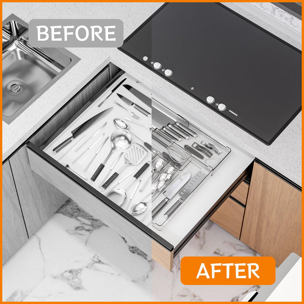 Clear Expandable Silverware Drawer Organizer - Adjust From 11'' to 22'' - Knife,Cutlery,Spoons and Forks