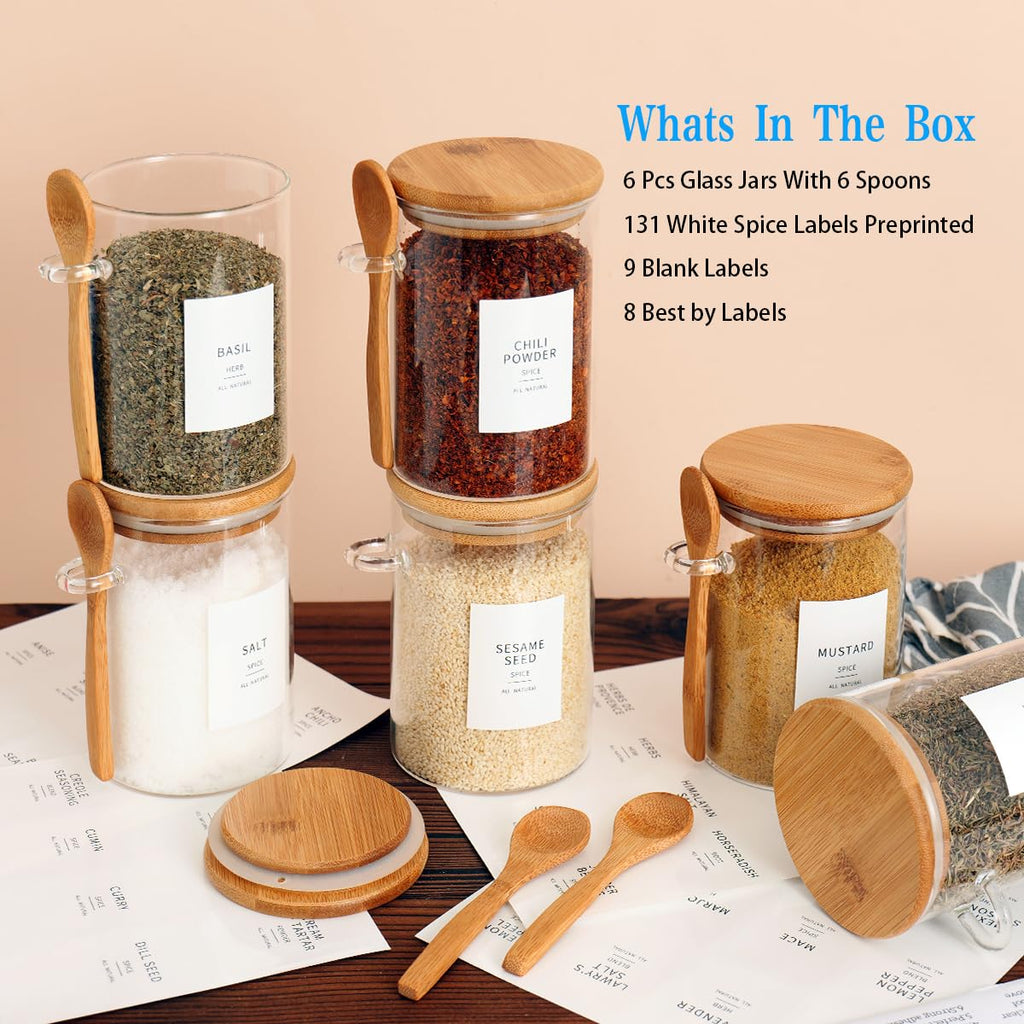 6 Pcs Glass Jar with Bamboo Lid and Spoon - 17 oz Large Sugar Container with 148 Kitchen Pantry Spice Jar Labels