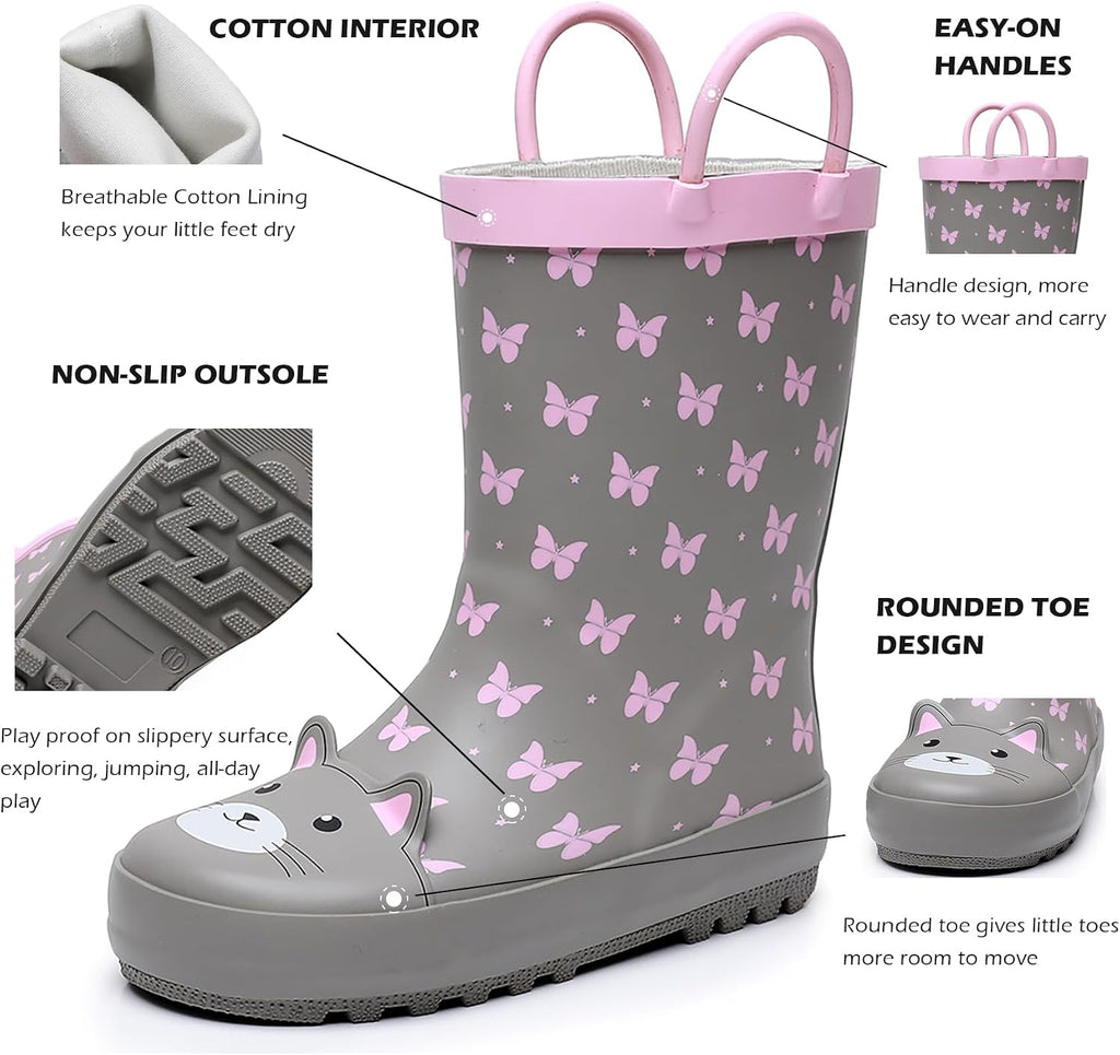 Toddler and Kids Rain Boots with Easy-On Handles, Unisex-Child Waterproof Rubber Rain Boots in Fun Patterns for Girls