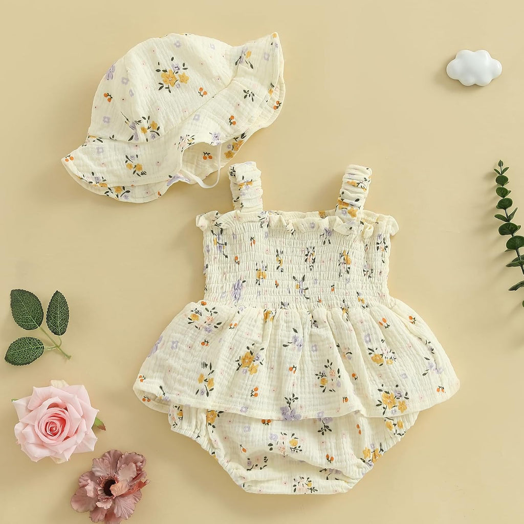 Baby Girl Clothes Summer Dress Cotton Linen Romper Sleeveless Smocked Rompers Sun Dress Hat Skirt Boho Outfits