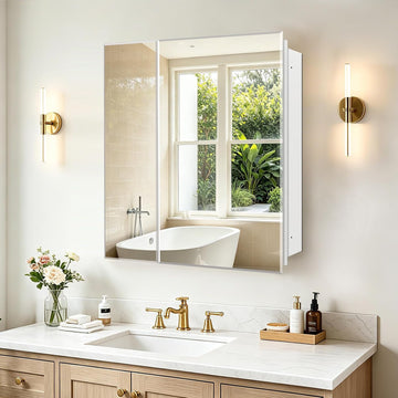 Bathroom Medicine Cabinet with 30x26 in Rectangular Beveled Frameless Mirror,Double Door Wall Mounted Mirror Cabinet