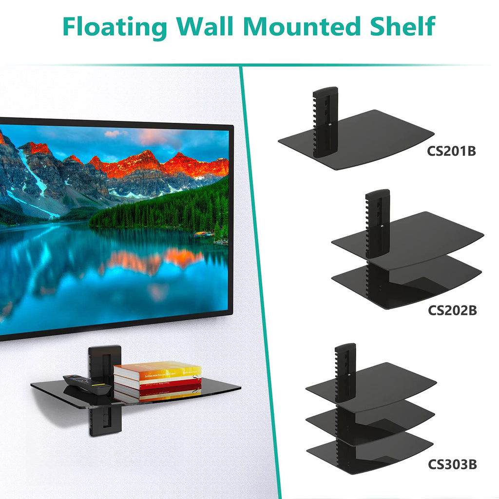 1 Tier Glass Floating TV Wall Shelf for Projector, DVD Players