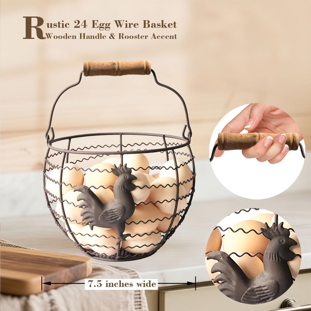 Wire Egg Basket for Gathering Fresh Eggs, Rustic with Rooster & Wood Handle