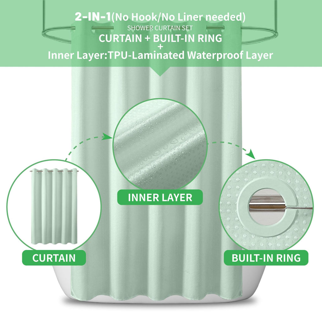 No Hook Waffle Shower Curtain, No Liner Needed, 71x80 Inch, Mint Green